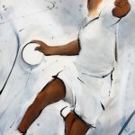 Tableau art sport collectif handball : Peinture sur toile d'un joueur de handball en extension pour marquer