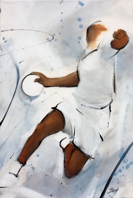 Painting art team sports handball: Painting on canvas of a handball player in extension to score