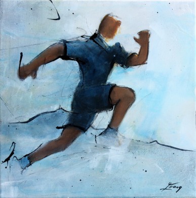 Art sport course à pied running: Peinture sur toile d'un coureur sur un trail dans la chaîne des puys (Puy de dôme)