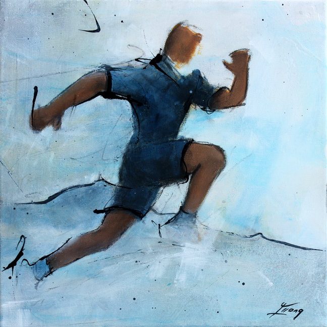 Art sport course à pied running: Peinture sur toile d'un coureur sur un trail dans la chaîne des puys (Puy de dôme)