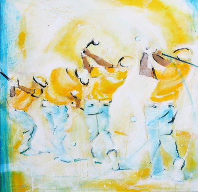 painting art sport golf : Painting on canvas of a perfect swing on a golf course by an experienced golfer - Lucei LLONG, artist of movement and sport