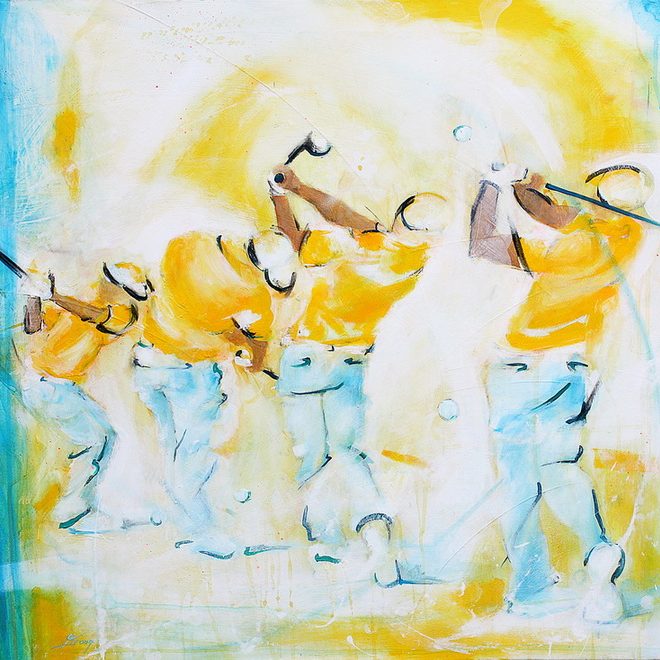 painting art sport golf : Painting on canvas of a perfect swing on a golf course by an experienced golfer - Lucei LLONG, artist of movement and sport