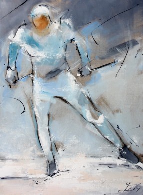 Painting art sport skiing cross-country biathlon: Painting on canvas of a cross-country skier - Nordic skiing painting