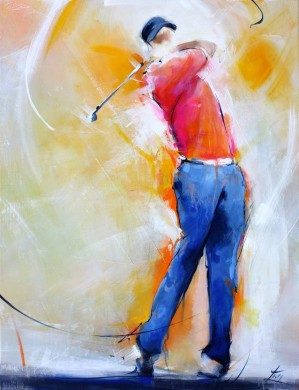 painting art sport golf : Painting on canvas of a golfer in motion performing a swing