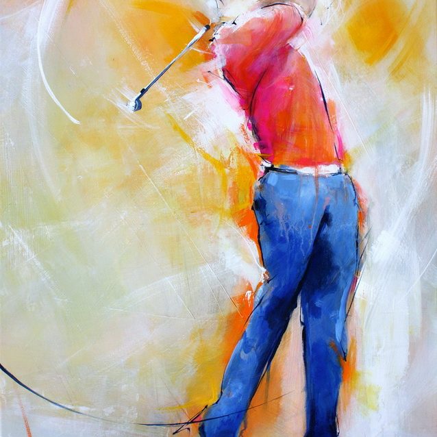 painting art sport golf : Painting on canvas of a golfer in motion performing a swing