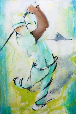 Art sport golf : peinture sur toile d'un joueur de golf lors de la king's cup de Dubaï