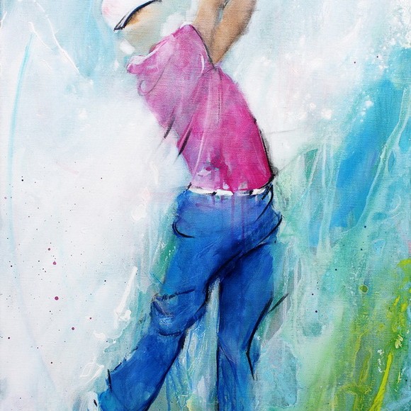 tableau Art sport golf : Peinture sur toile représentant un golfeur en mouvement sur un parcours