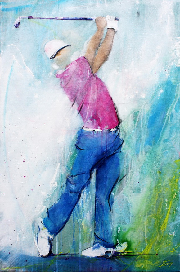 tableau Art sport golf : Peinture sur toile représentant un golfeur en mouvement sur un parcours