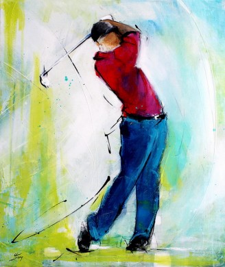 Art tableau sport golf : Peinture sur toile représentant un golfeur en mouvement sur un parcours