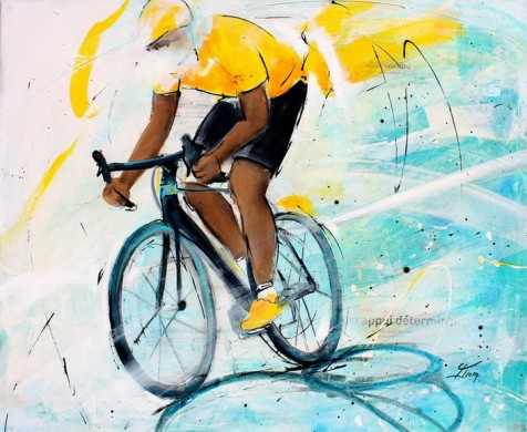 Art painting sport cycling : Painting on canvas, the yellow jersey on his bike - Tour de France