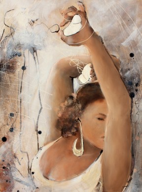 Alt : Peinture sur toile d'une danseuse de Flamenco rythmant ses pas avec des castanuelas