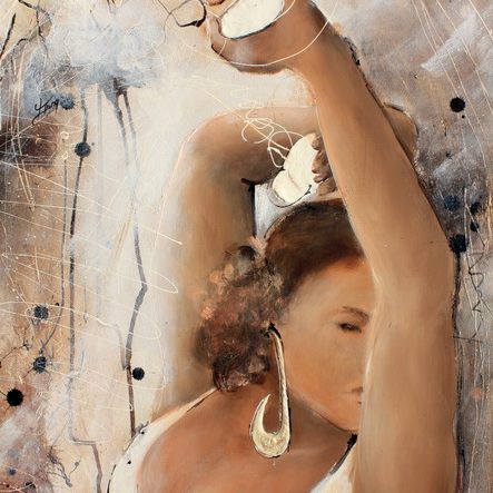 Alt : Peinture sur toile d'une danseuse de Flamenco rythmant ses pas avec des castanuelas