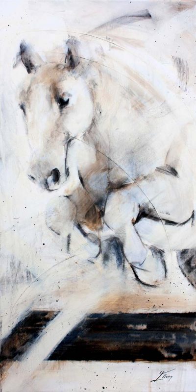 Art chevaux : Peinture sur toile d'un cheval sautant une barre de CSO