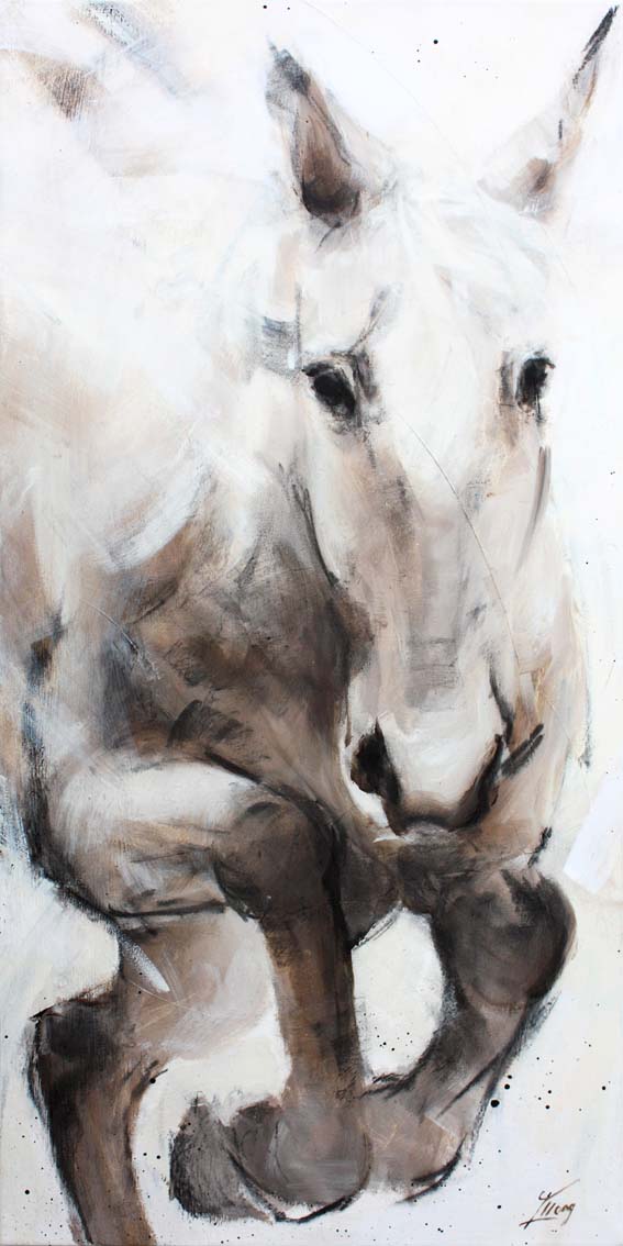 Art chevaux : Peinture sur toile d'un cheval sautant une barre de CSO lors d'un concours