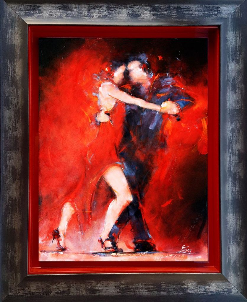 Framed red tango painting by Lucie LLONG, sport and dance painter