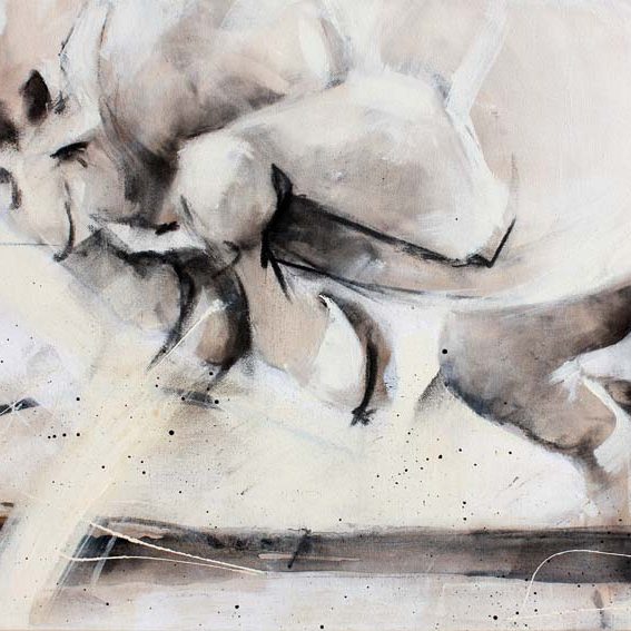 Art chevaux : Peinture sur toile d'un cheval sautant une barre de CSO lors d'un concours