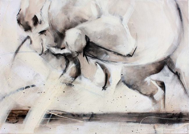 Art chevaux : Peinture sur toile d'un cheval sautant une barre de CSO lors d'un concours
