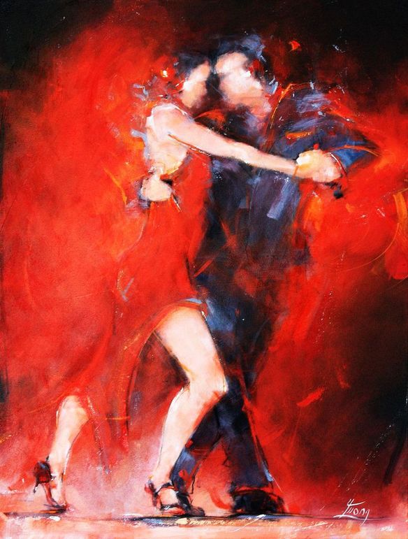 Framed tango painting by Lucie LLONG, sport and dance  painter : Sensual couple dancing tango