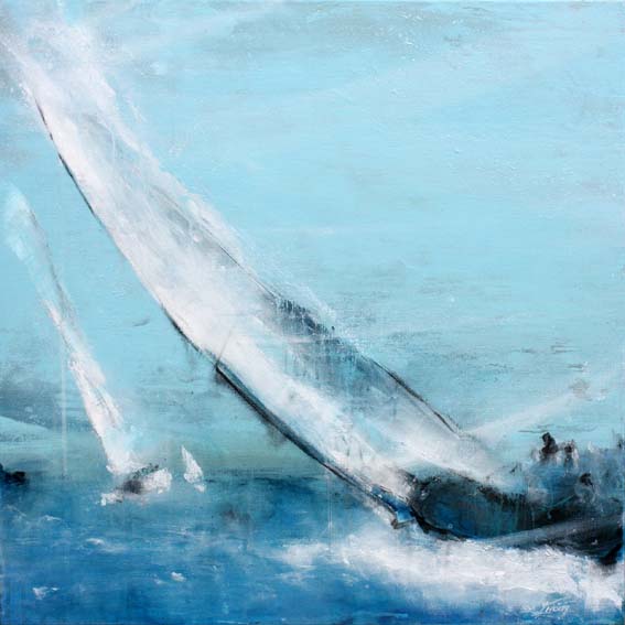 Art tableau Paysage mer regate voilier : peinture sur toile de voiliers de régate naviguant sous un vent puissant en mer méditerranée