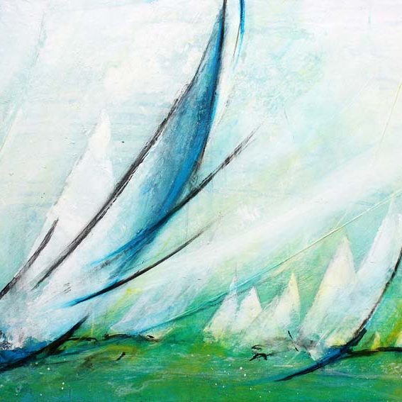 Art tableau Paysage mer regate : peinture sur toile d'une régate en mer très disputée par de nombreux voiliers sur la côte Atlantique