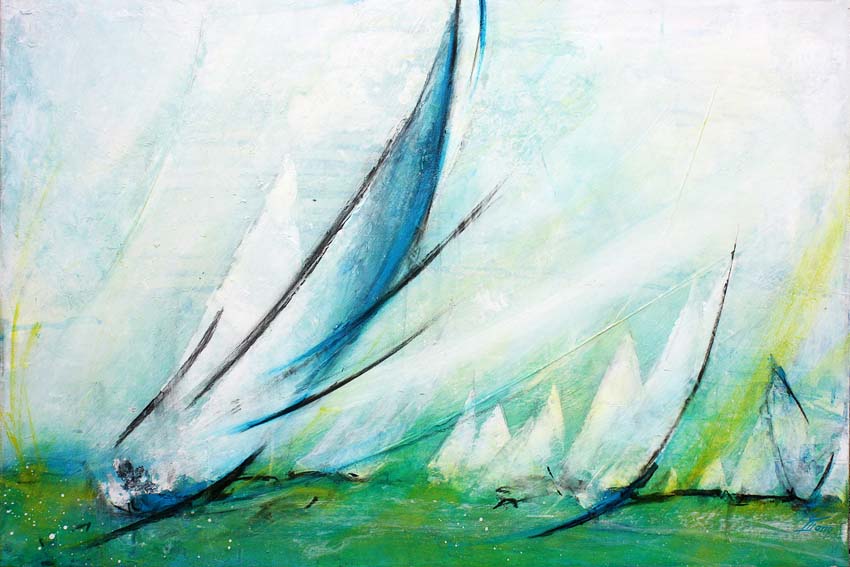 Art tableau Paysage mer regate : peinture sur toile d'une régate en mer très disputée par de nombreux voiliers sur la côte Atlantique