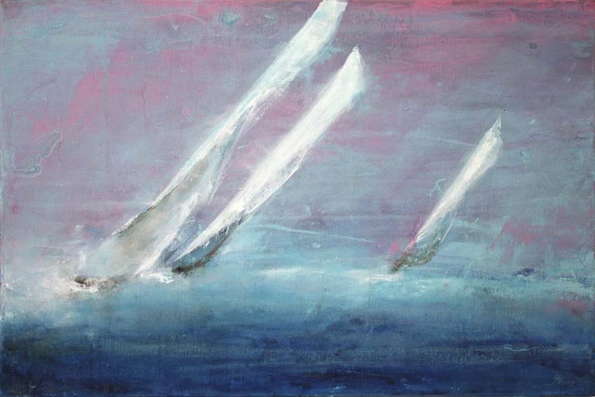 Art tableau Paysage mer regate : peinture sur toile de voiliers de régate rentrant au port par un magnifique coucher de soleil