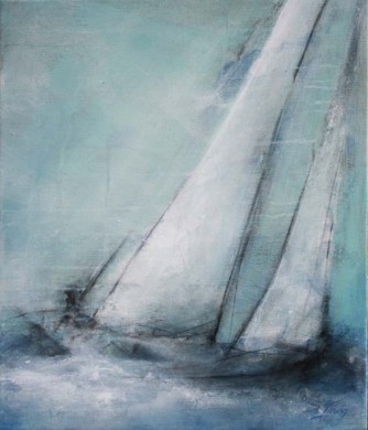 Art painting Landscape sea regate: painting on canvas of a sailboat leaving the harbor for a trip in the Mediterranean Sea