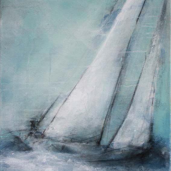 Art tableau Paysage mer regate : peinture sur toile d'un voilier quittant le port pour un ballade en Mer Méditérranée