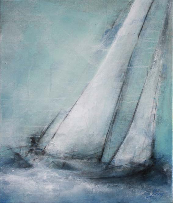 Art tableau Paysage mer regate : peinture sur toile d'un voilier quittant le port pour un ballade en Mer Méditérranée