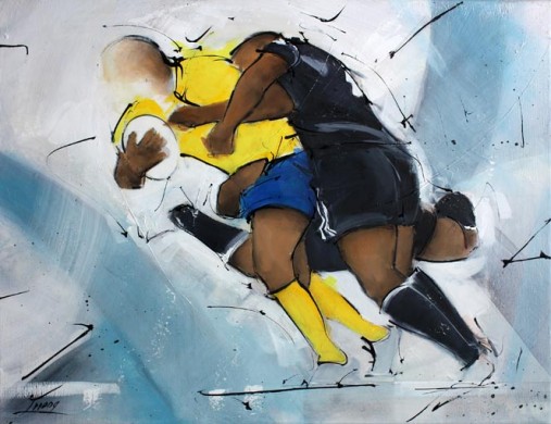 Art tableau sport rugby : peinture sur toile d'un match de rugby entre le CAB brive corrèze et l'asm clermont auvergne lors du derby du massif central