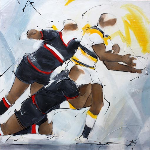 Art tableau sport rugby : Peinture sur toile d'un match de rugby entre le stade toulousain et le stade Rochelais de La Rochelle au stade Marcel Deflandre TOP14