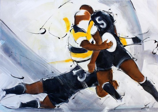 Art tableau sport rugby : Peinture sur toile d'un match de rugby entre le CAB -brive la gauillarde et le stade rochelais de la Rochelle TOP14