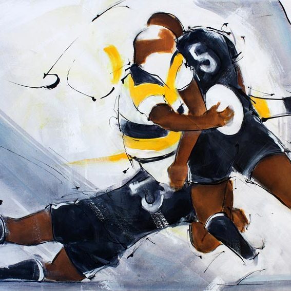Art tableau sport rugby : Peinture sur toile d'un match de rugby entre le CAB -brive la gauillarde et le stade rochelais de la Rochelle TOP14