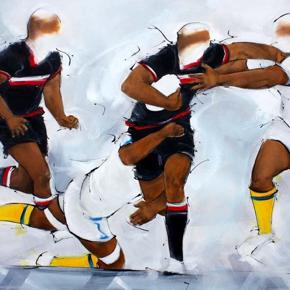 Art sport rugby : Peinture sur toile d'un match de rugby entre le stade toulousain et l'asm clermont auvergne au stade michelin