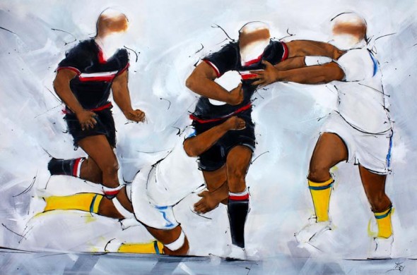 Art sport rugby : Peinture sur toile d'un match de rugby entre le stade toulousain et l'asm clermont auvergne au stade michelin