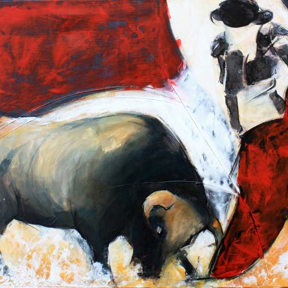 Art Tauromachie corrida : Peinture sur toile d'un torero face au taureau dans les arènes de Nîmes lors du troisième tercio