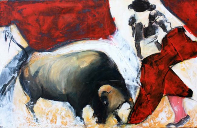 Art Tauromachie corrida : Peinture sur toile d'un torero face au taureau dans les arènes de Nîmes lors du troisième tercio