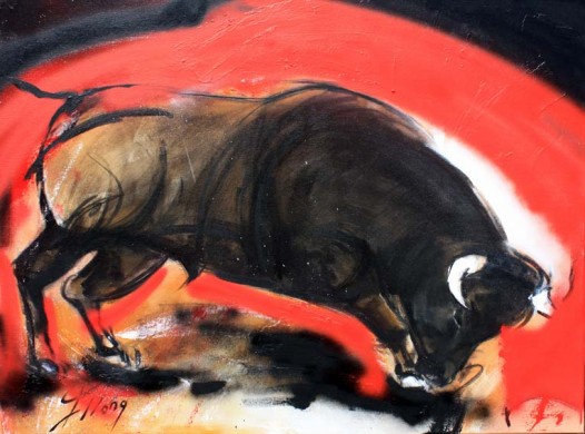 Art Tauromachie corrida : Peinture sur toile d'un taureau dans l'arène