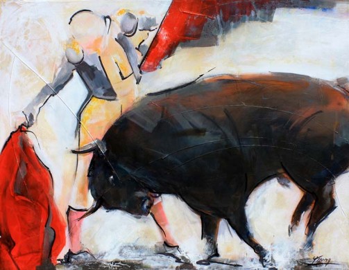 Art tableau Tauromachie corrida : Peinture sur toile d'un torero face au taureau dans les arènes