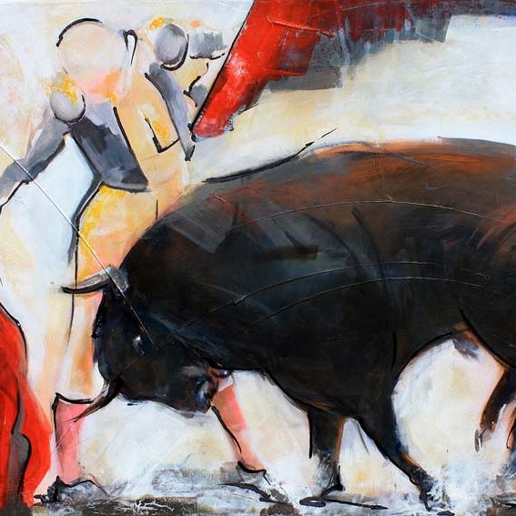 Art tableau Tauromachie corrida : Peinture sur toile d'un torero face au taureau dans les arènes