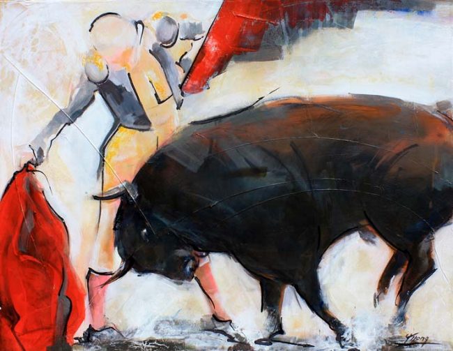 Art tableau Tauromachie corrida : Peinture sur toile d'un torero face au taureau dans les arènes