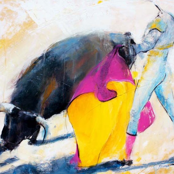 Tableau de corrida : Peinture sur toile du combat entre un torero et un taureau dans l'arène - Série tauromachie par Lucie LLONG, artiste peintre du mouvement
