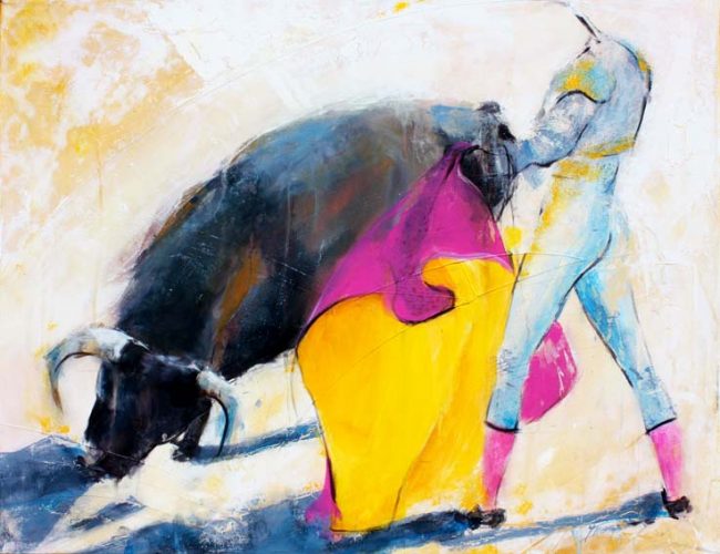 Tableau de corrida : Peinture sur toile du combat entre un torero et un taureau dans l'arène - Série tauromachie par Lucie LLONG, artiste peintre du mouvement