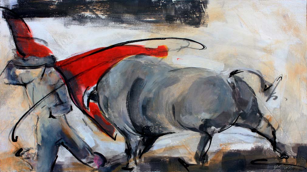Art tableau Tauromachie : Peinture d'un torero face au taureau dans l'arène