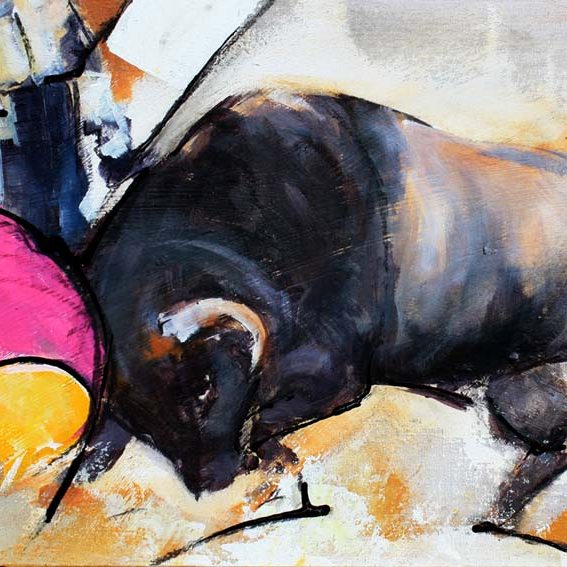 Art tableau Tauromachie corrida : Peinture d'un torero face au taureau dans l'arène