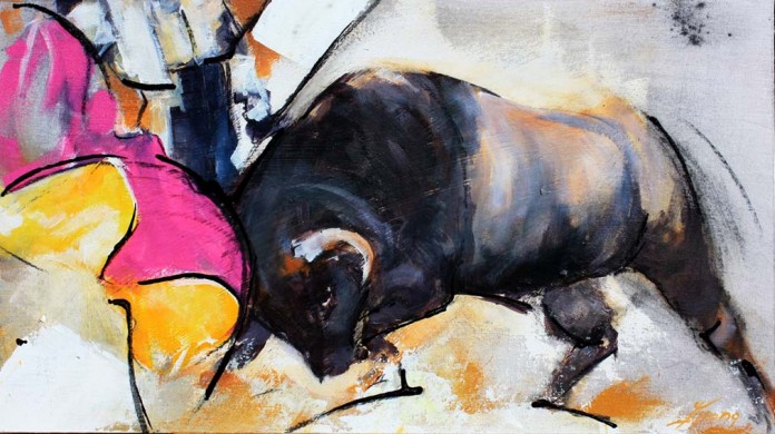 Art tableau Tauromachie corrida : Peinture d'un torero face au taureau dans l'arène