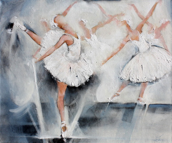 Peinture Art Danse classique Ballet : Peinture sur toile des danseuses de ballet durant le spectacle du lac des cygnes