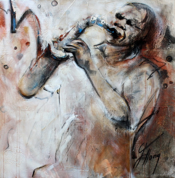 Tableau Art Musique Jazz Musicien : Peinture sur toile d'un musicien au saxophone vibrant au ryhtme de sa musique