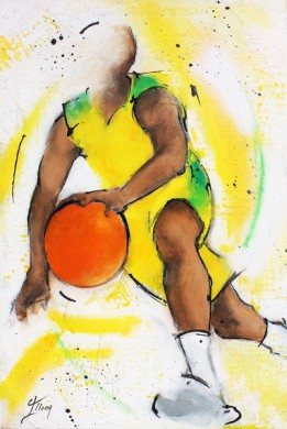 Basketball team sports art: Painting on canvas of basketball players in 1 to 1 - Lucie LLONG, artist of movement