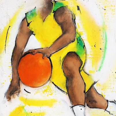Basketball team sports art: Painting on canvas of basketball players in 1 to 1 - Lucie LLONG, artist of movement